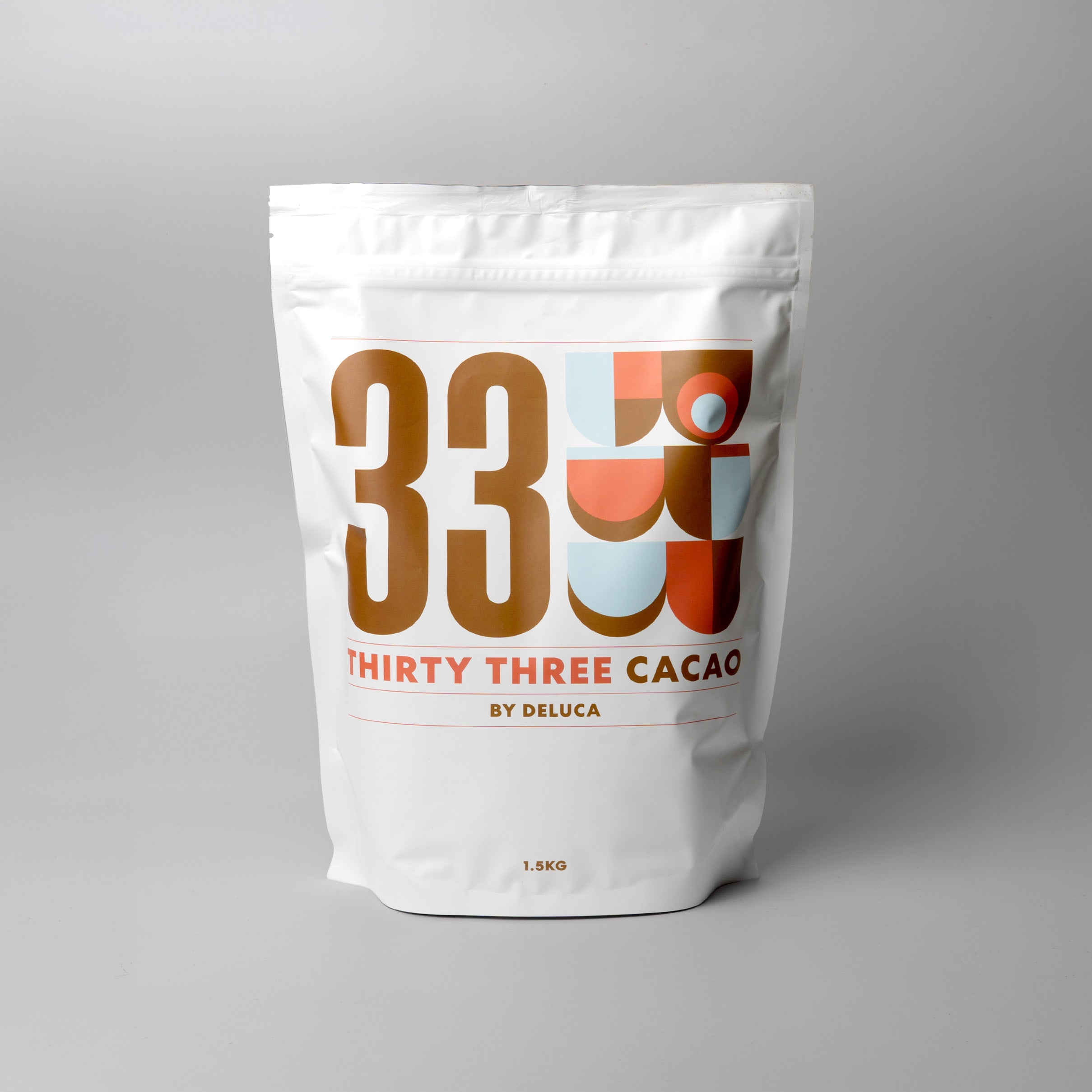 Pack of Thirty Three Cacao drinking chocolate in a white stand-up pouch.